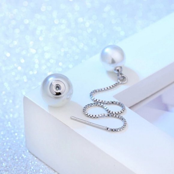NEW 925 Sterling Silver Pearl Chain Earrings - Picture 8 of 8